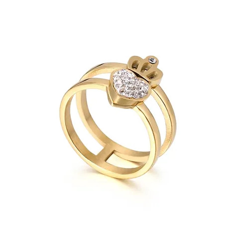 Anello A Doppio Strato In Acciaio Inossidabile Con Cuore Corona Zirconia Cavo Gioielli Eleganti Per Donna