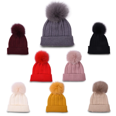 Gorro De Punto De Invierno Para Mujer Con Pompon De Piel De Zorro Grande Nervado Cálido Color Sólido