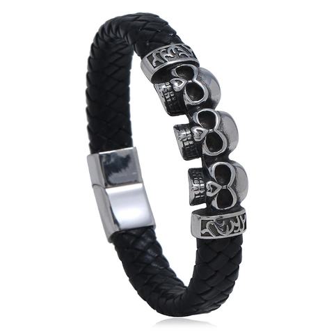 Bracciale In Pelle PU Intrecciata Da Uomo Con Ciondoli A Forma Di Teschio In Acciaio Inossidabile Gioielli Punk Vintage Chiusura Magnetica
