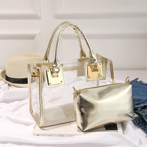 Women Transparent PVC Jelly Handbag With Removable Inner Pouch Clear Shoulder Crossbody Bag Chic Square Gold Buckle