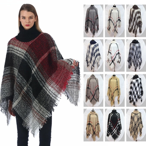 Damen Kariert Rollkragen Poncho Schal Mit Quasten Winter Warm Gestrickt Karomuster Pullover Umhang Cape