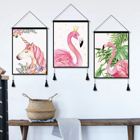 Wandbehang Tapisserie Verdickte Baumwoll Leinen Mischung Nordischer Stil Flamingo Tierdruck Home Dekor Mit Quasten Und Stab