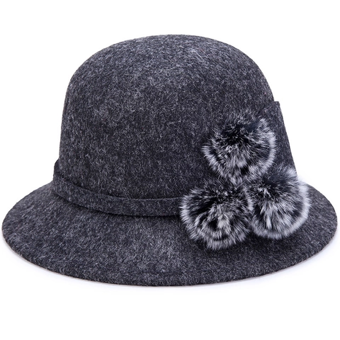 Women Wool Blend Felt Cloche Hat With Faux Fur Pom Poms Vintage Elegant Winter Warm Round Top Bucket Hat