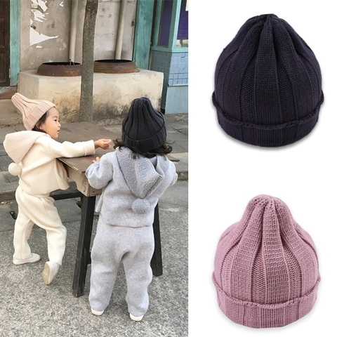 Gorro De Punto Acanalado Para Niños Gorro De Lana Cálido Invierno Color Sólido Elástico Para Bebés Niños Niñas