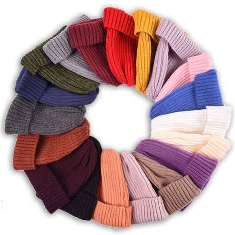 Ribbed Knit Beanie Hat Solid Color Warm Winter Folded Cuff Skull Cap For Men And Women