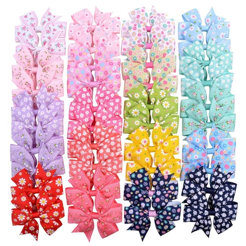 Grosgrain Ribbon Hair Bow Clips Floral Daisy Print Polka Dot Sweet Style Accessories For Toddlers Baby Girls Kids