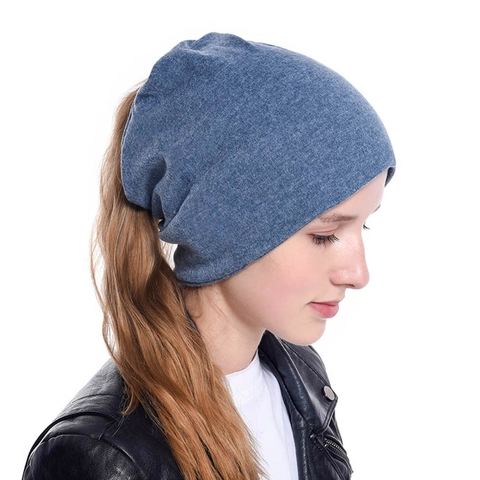 Ponytail Beanie Hat Cotton Polyester Blend Knitted Slouchy Messy Bun Warm Outdoor Casual Winter Headwear For Women