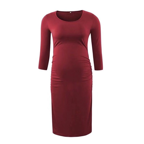 Maternity Dress Ruched Side Long Sleeve Round Neck Bodycon Slim Fit Polyester Solid Color For Pregnant Women