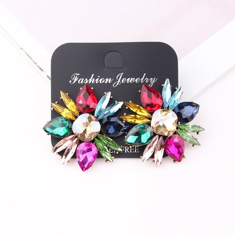 Vintage Elegant Flower Shape Alloy Rhinestone Stud Earrings For Women Colorful Fashion Jewelry Banquet Accessories Gift