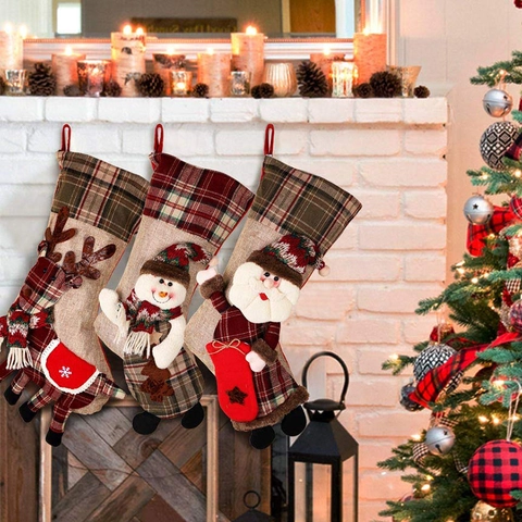 Calcetín De Navidad Lino Arpillera Cuadros Adornos Colgantes Muñeco Papá Noel Muñeco De Nieve Reno Bolsa De Regalo