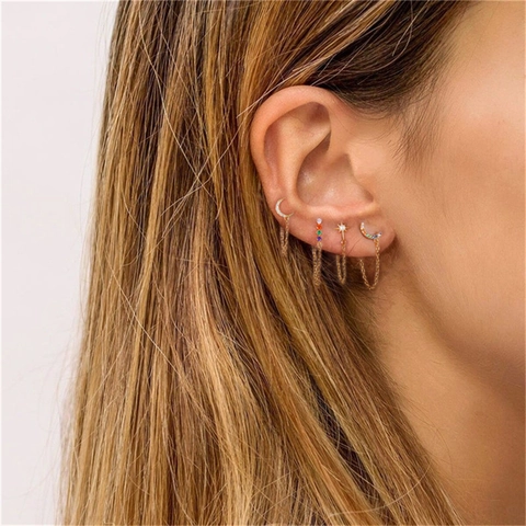 Orecchini a Filo in Argento Sterling 925 Placcato Oro con Zirconia Catena e Nappa per Donna Elegante Perla Luna Stella Gioielli Floreali