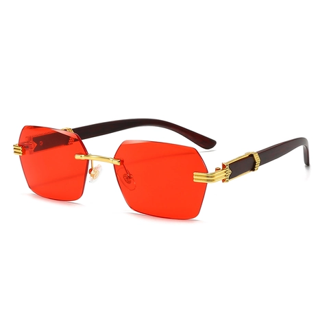 Randloze Zonnebril Met Houtnerf Poten Metalen Scharnieren UV400 Gradiënt Lenzen Luxe Mode Brillen Unisex