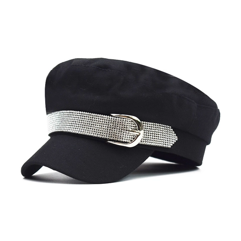 Berretto Da Marinaio Donna Cotone Cappello Piatto Con Fascia Di Strass E Fibbia In Metallo Accessorio Moda Elegante