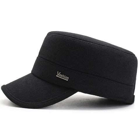 Cappello Militare Da Uomo In Lana Inverno Caldo Berretto A Cima Piatta Con Paraorecchie Pieghevoli Fibbia Regolabile