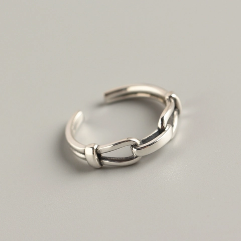 925 Sterling Silver Open Ring Women Vintage Minimalist Chain Link Design Adjustable Geometric Band Fashion Jewelry Gift