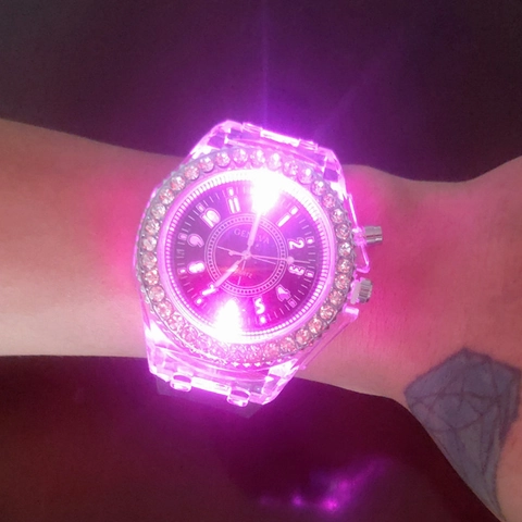 Modische Quarzuhr Mit Silikonarmband Strasslünette LED Leuchtend Transparentes Gehäuse Sportliche Studentenarmbanduhr