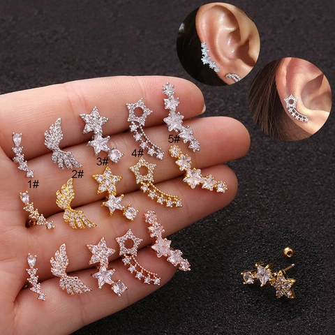 Ster Zirkoon Oorbel Piercing Studs Roestvrij Staal Schroefsluiting Kraakbeen Sieraden Voor Vrouwen Elegant Glanzend