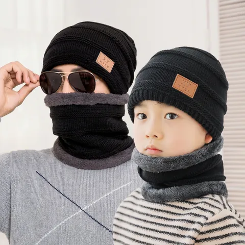 Winter Warm Knitted Hat And Neck Warmer Set Fleece Lined Acrylic Outdoor Windproof Solid Beanie Scarf Set For Men Women Kids