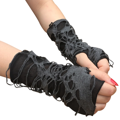 Punk Distressed Fingerless Gloves Gothic Ripped Hollow Out Arm Warmers Halloween Cosplay Costume Accessory Polyester Knit