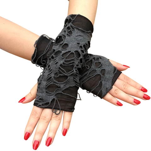 Punk Distressed Fingerless Gloves Gothic Ripped Hollow Out Arm Warmers Halloween Cosplay Costume Accessory Polyester Knit