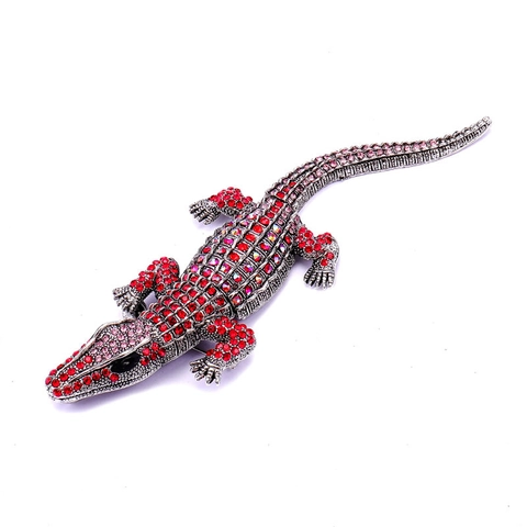 Retro Crocodile Brooch Alloy Rhinestone Inlaid Moving Body Flexible Animal Pin Jewelry For Men Women Realistic Style