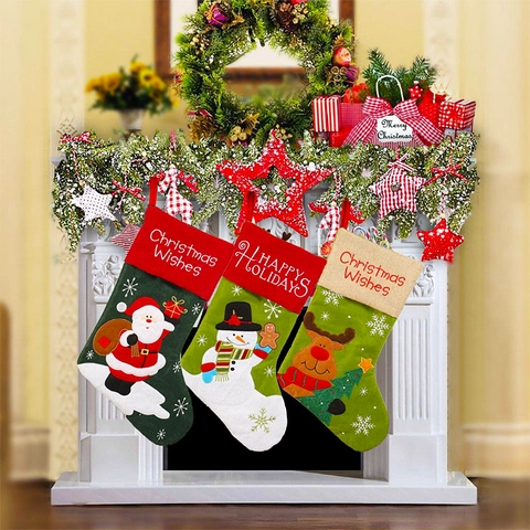 Calza Di Natale Babbo Natale Pupazzo Di Neve Renna Ricamata Lino Tessuto Non Tessuto Sacchetto Regalo Appeso