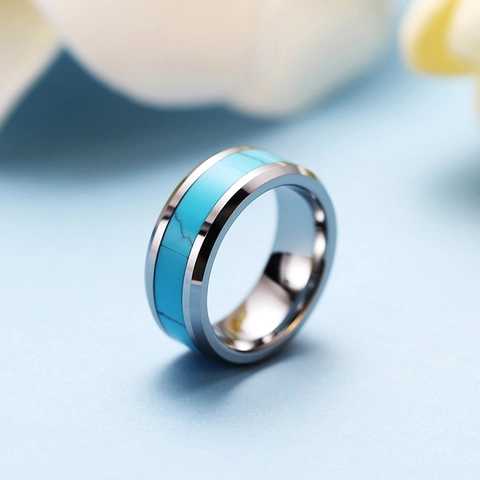 304 Stainless Steel Band Ring With Turquoise Inlay High Polished Simple Vintage Fashion Jewelry Unisex Accessary