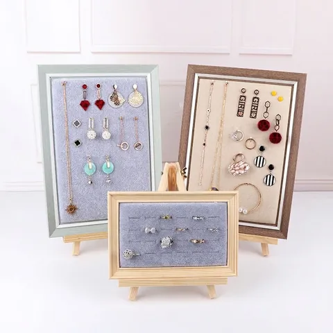 Wooden Photo Frame Jewelry Display Stand Organizer Wood Holder For Earrings Rings Necklaces Desktop Easel Wall Hanging