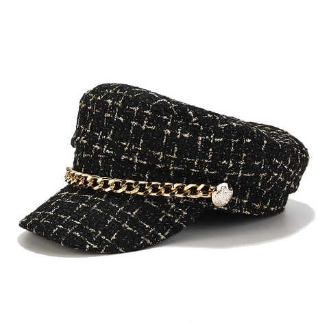 Cappello Baker Boy In Tweed Da Donna Decorazione Catena Dorata Retro Newsboy Cap Elegante Flat Top Sailor Hat Tweed
