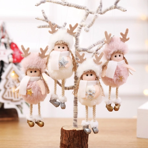 Christmas Angel Plush Doll Hanging Decoration With Reindeer Antlers Snowflake Star Sequins Nordic Xmas Tree Home Decor