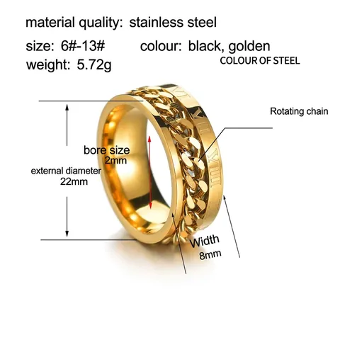 Anillo Giratorio De Acero Inoxidable Cadena Rotativa Números Romanos Joyería Estilo Punk Industrial Para Hombres Mujeres