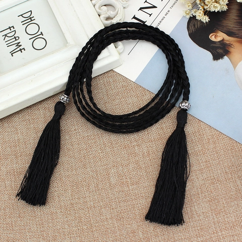 Donna Cintura In Corda Intrecciata Cotone Lino Catena In Vita Con Nappe E Perle Di Metallo Etnico Boho Annodato Accessorio Vestito