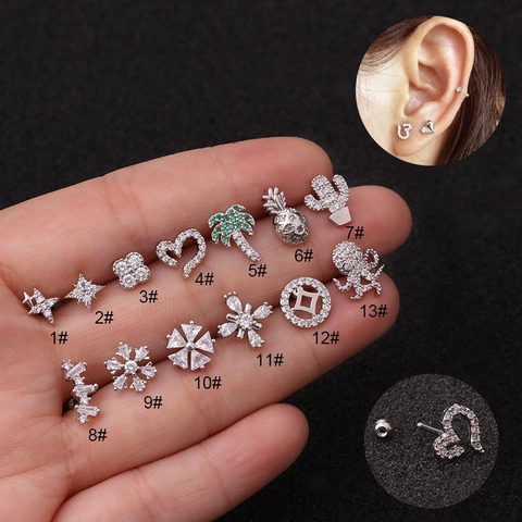 Kraakbeen Piercing Stud Oorbellen Zirkoon Ingelegd Bloem Ster Hart Roestvrij Stalen Oorpiercing Schroef Helix Sieraden