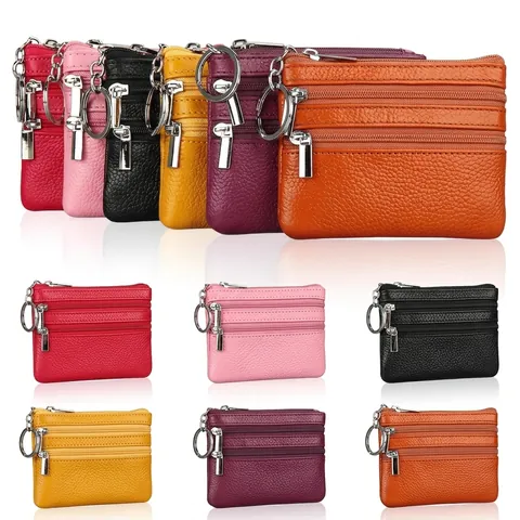 Coin Purse First Layer Cowhide Leather Three Zipper Pockets Lychee Texture Small Wallet With Key Ring Unisex