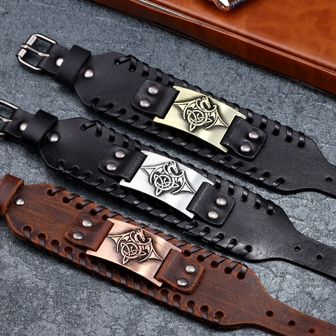 Retro Flying Dragon Totem Leather Bracelet Alloy Metal Plate Viking Punk Wide Cuff Wristband Adjustable Buckle Men