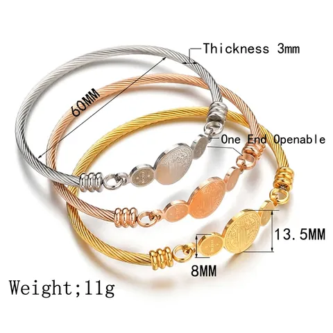 Saint Benedict Medal Stainless Steel Bracelet Cable Wire Textured Religious Jewelry Open Adjustable Cuff Bangle Unisex