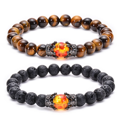 Pulsera De Piedra Natural Ojo De Tigre Cuentas Piedra Volcánica Con Corona De Cobre Circón Hecha A Mano Elástica Para Hombres Mujeres