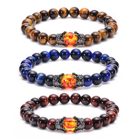 Pulsera De Piedra Natural Ojo De Tigre Cuentas Piedra Volcánica Con Corona De Cobre Circón Hecha A Mano Elástica Para Hombres Mujeres