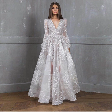 Lace Embroidered Wedding Dress Deep V Neck Long Sleeves Sequined Floor Length Elegant Evening Gown Women