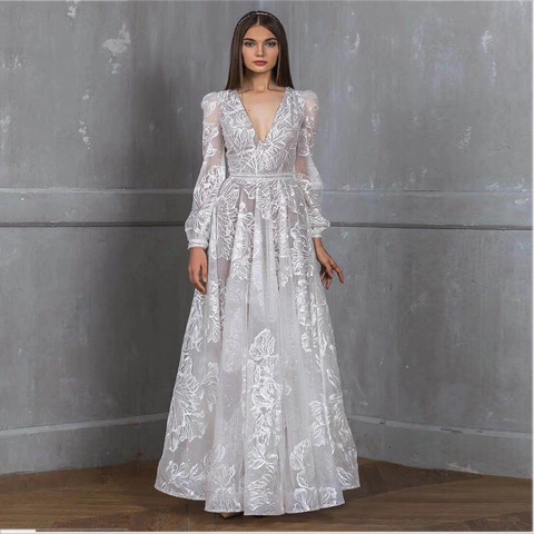 Lace Embroidered Wedding Dress Deep V Neck Long Sleeves Sequined Floor Length Elegant Evening Gown Women