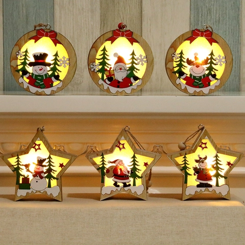 Weihnachts Holz Hängeornamente LED Leuchtend Warmes Licht Weihnachtsmann Schneemann Rentier Stern Rund Deko Festlich