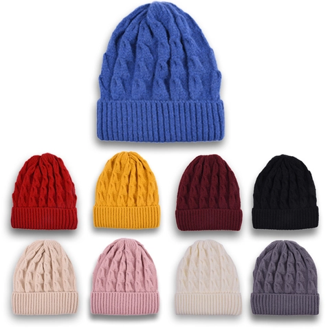 Gorro De Punto Trenzado Lana Color Solido Invierno Calido Dobladillo Casual Unisex Adulto Elastico Termico