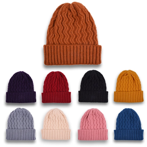 Gorro Beanie De Punto Textura Ondulada Hilo Suave Cálido Dobladillo Color Sólido Otoño Invierno Exterior Unisex Adultos