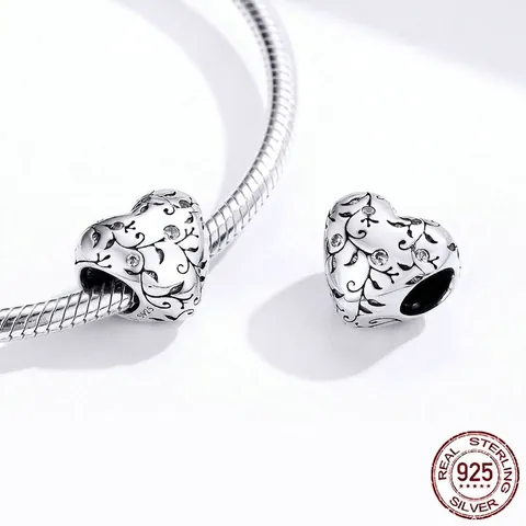 Vintage 925 Sterlingsilber Herz Charm Perle Mit Oxidiertem Rankenmuster Klar Zirkonia Eingelegt DIY Schmuckzubehör Für Damen Armband