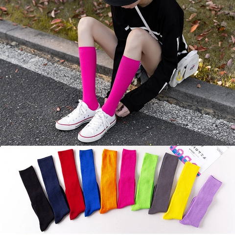 Women Cotton Ribbed Knee High Socks Solid Color Neon Japanese Style Casual Calf Socks