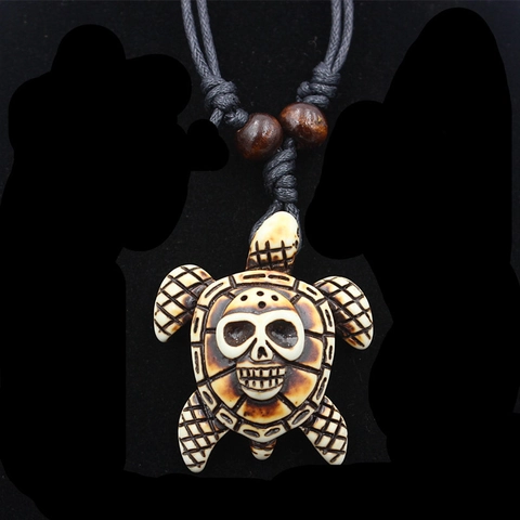 Vintage Skull Turtle Pendant Necklace Hand Woven Resin Bone Imitation Wood Beads Adjustable Rope Chain For Men Women