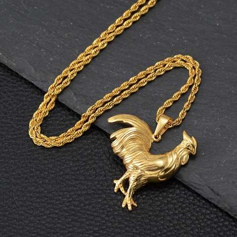 Collana con Pendente Gallo in Acciaio Inossidabile Placcato Oro Hip Hop Ciondolo Animale Zodiaco per Uomo Donna Gioielli