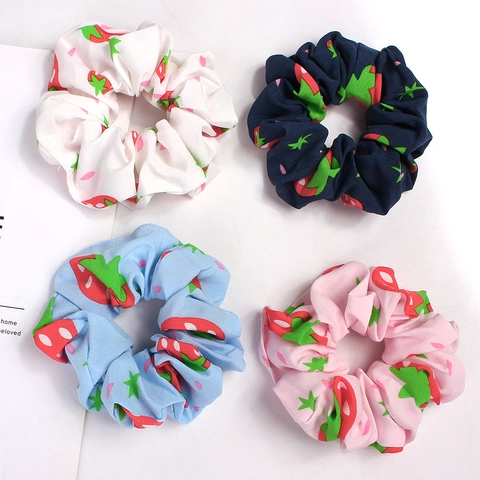 Floral Fruit Print Scrunchies Chiffon Fabric Elastic Hair Ties For Women Girls Sweet Strawberry Pineapple Pattern Accessories