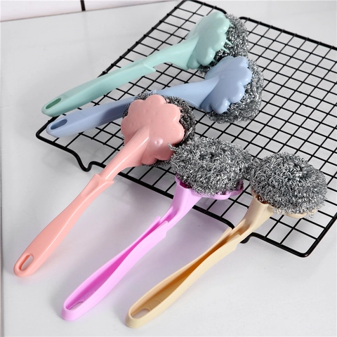 Dishwashing Cleaning Brush Long Handle Stainless Steel Wire Ball Scrubber For Pots Pans Kitchen Flower Shape Plastic