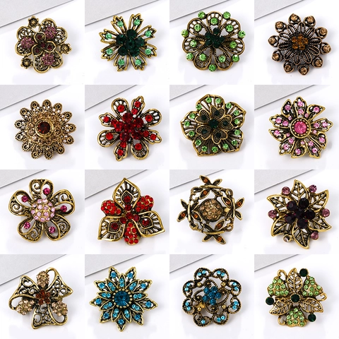 Vintage Alloy Floral Brooch Pin With Colorful Rhinestones Hollow Out Retro Style Elegant Jewelry Gift For Women